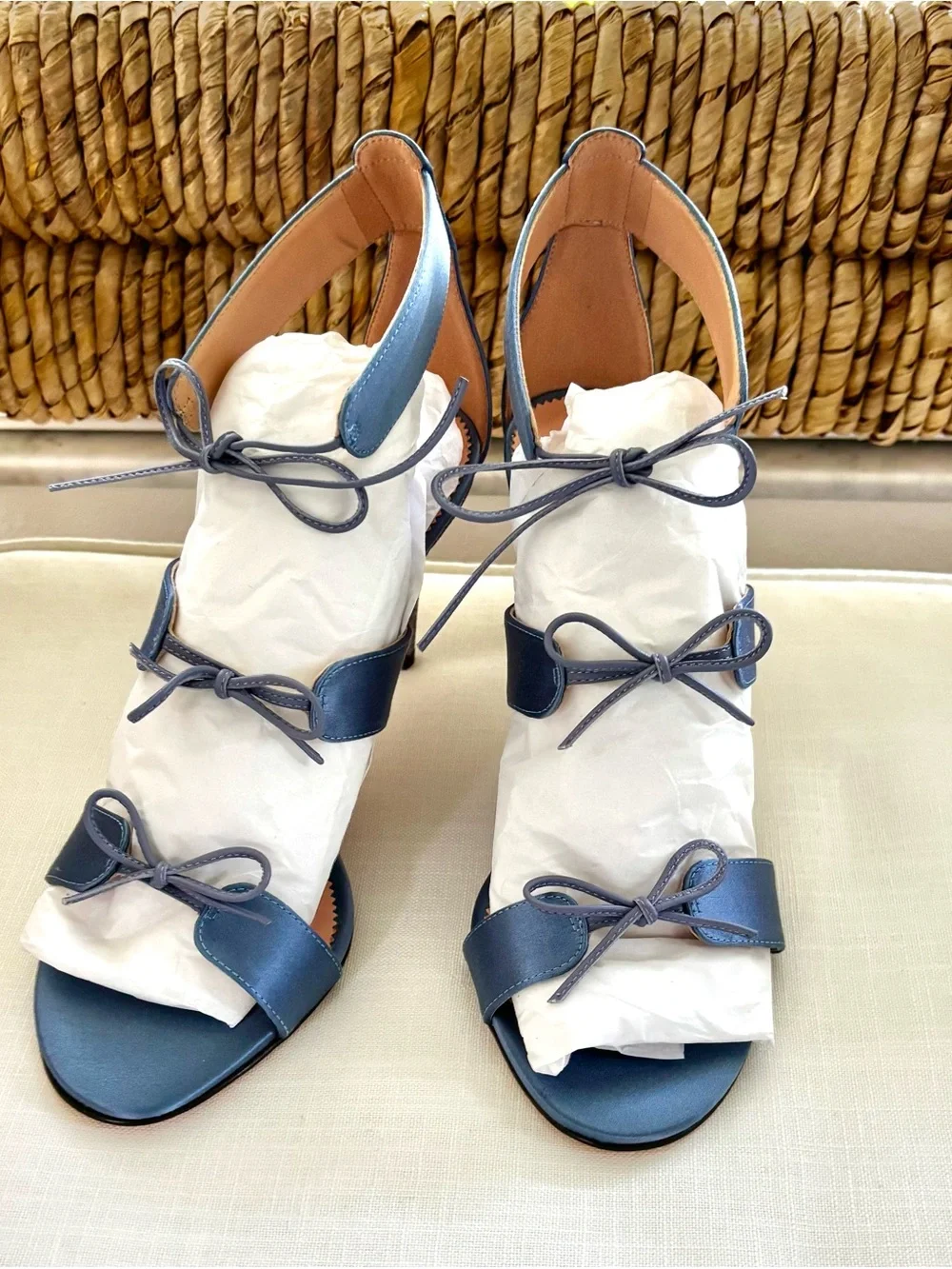 J. Crew Collection “Rylie” Blue Satin Triple Bow/Strap Sexy Heeled Sandal